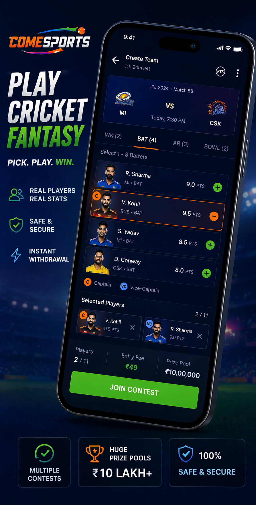 Come Club Play cricket fantasy visual